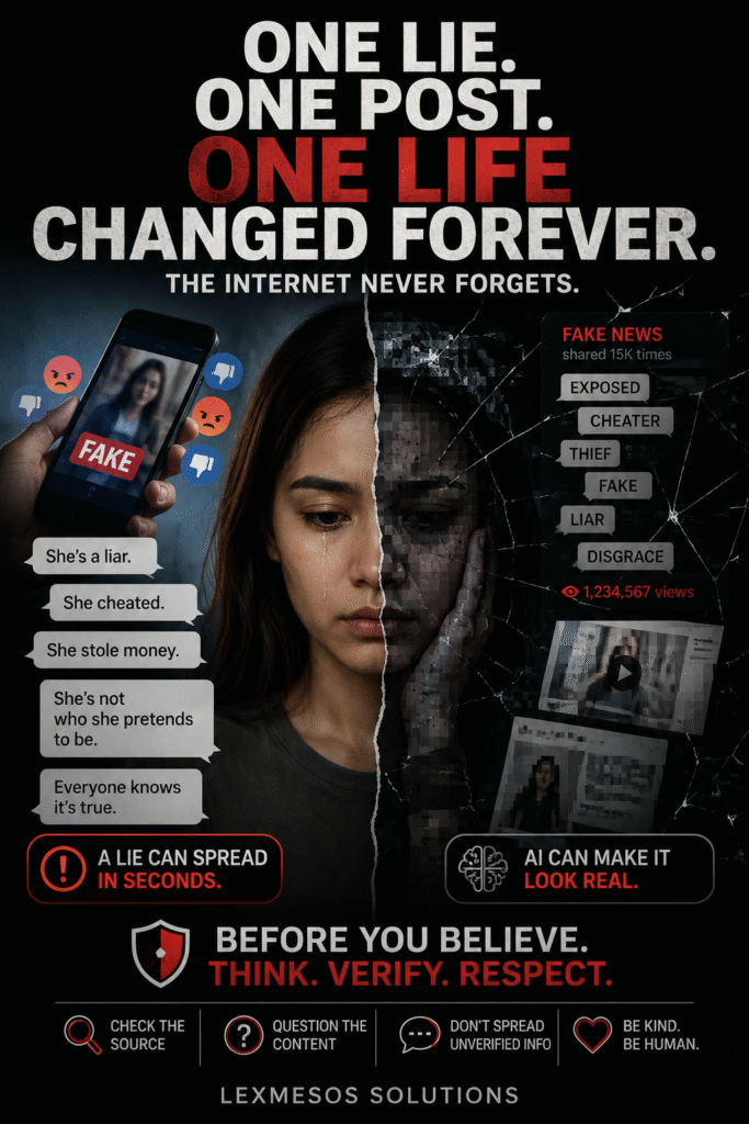 A dramatic illustration showing how one false accusation, fake post or AI-generated image can destroy a person's reputation through misinformation, deepfakes and social media.