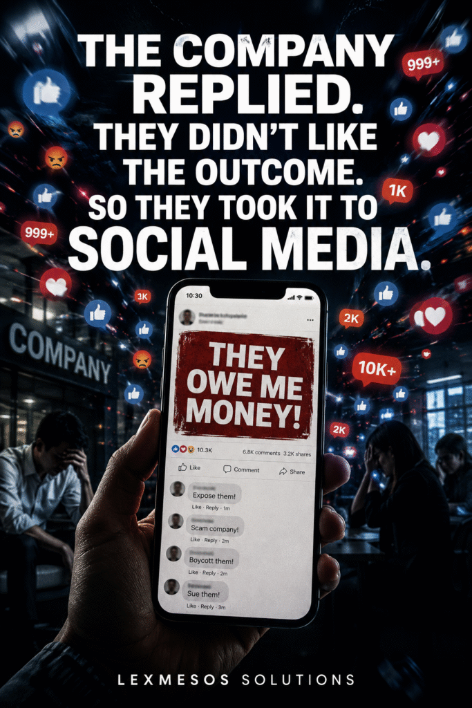 Person posting a business complaint on social media after a dispute, highlighting the legal and reputational risks of taking complaints public before resolving them privately.