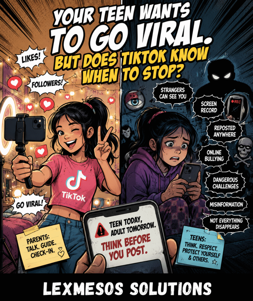 Comic illustration about TikTok teen safety, viral fame, online strangers, cyberbullying, dangerous challenges and misinformation.