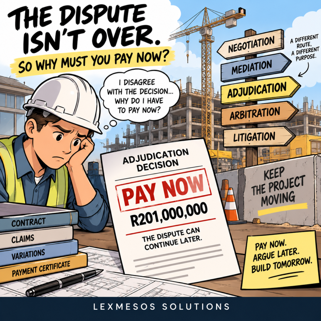 Comic illustration of a contractor receiving a pay-now adjudication decision while a construction dispute continues to arbitration or litigation.