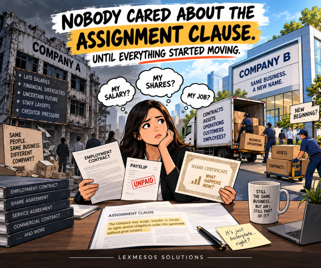 Employee questioning unpaid salary, shares and job security as contracts and business operations move from Company A to Company B.