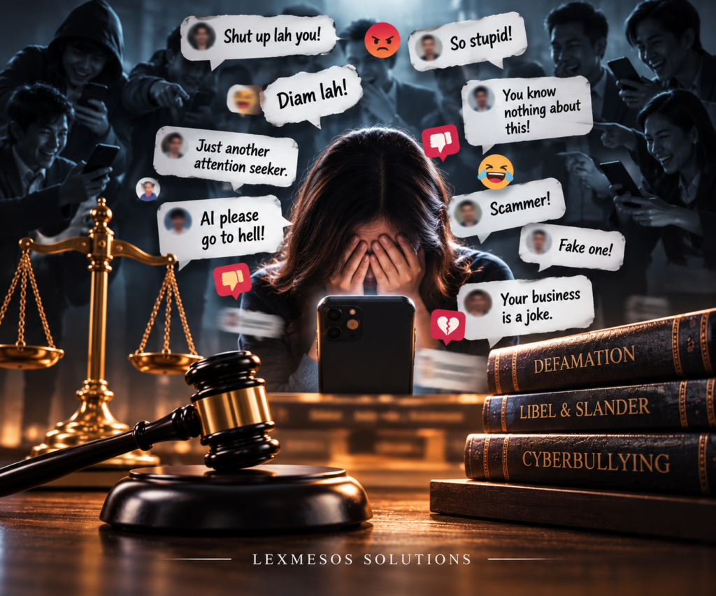 Illustration of adult cyberbullying and online harassment in Malaysia, featuring hostile social media comments, a distressed woman, a judge's gavel and law books representing defamation, libel and slander.