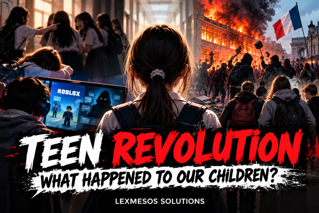 Teen revolution illustration depicting school bullying, online radicalisation and youth unrest.