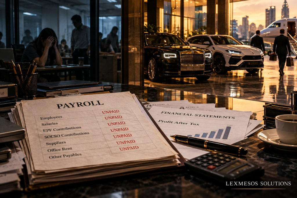 Unpaid salaries and corporate profits contrasted with directors’ luxury lifestyles.